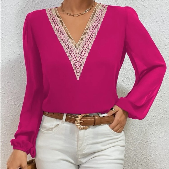 Classic navy blue  lace V neck blouse - Picture 3 of 15